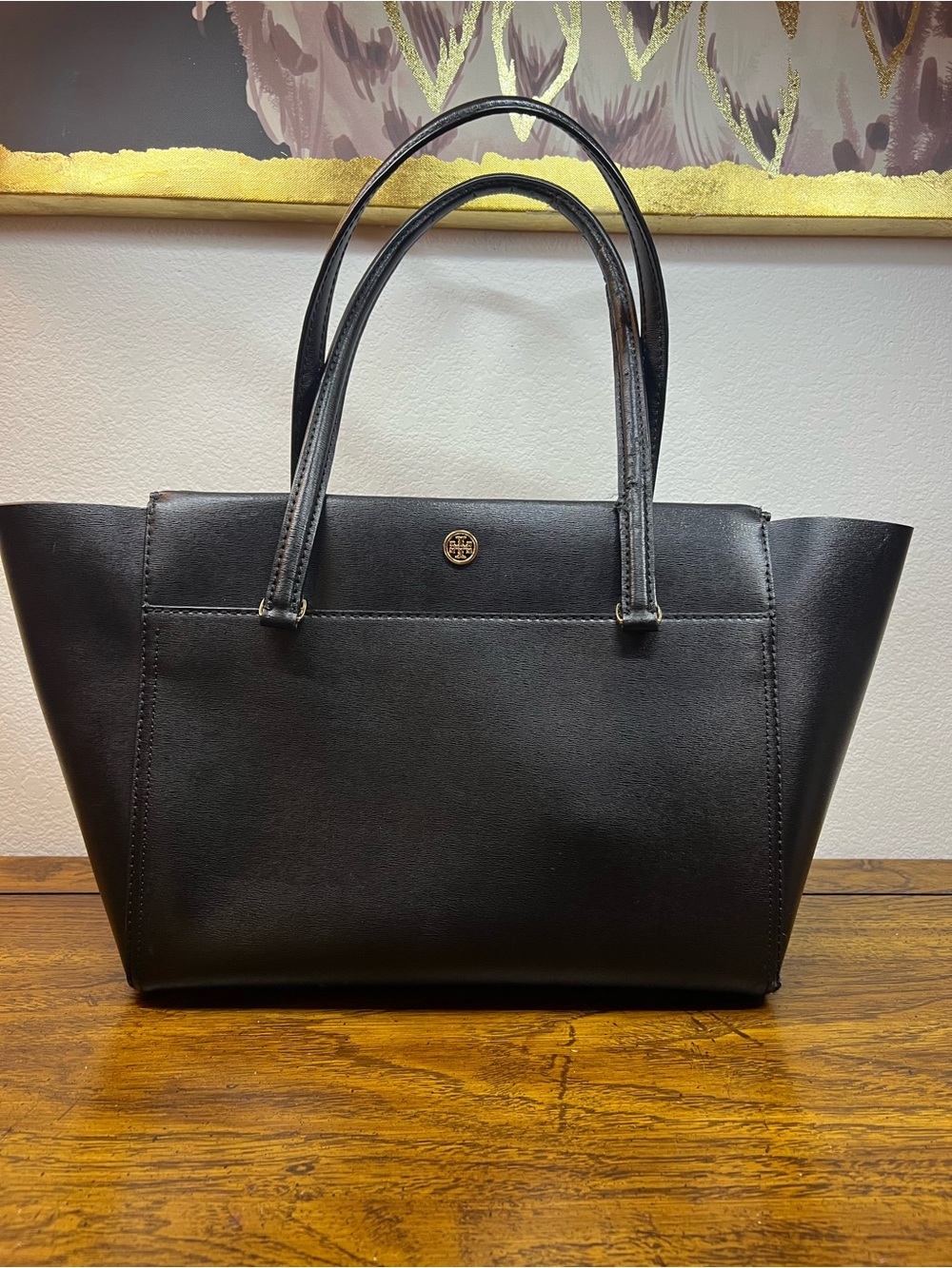 Tory Burch Black Leather Tote with Logo Medallion